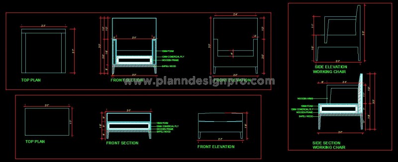 Sofa Chair and Ottoman Free CAD Block- Plan, Elevation & Sections